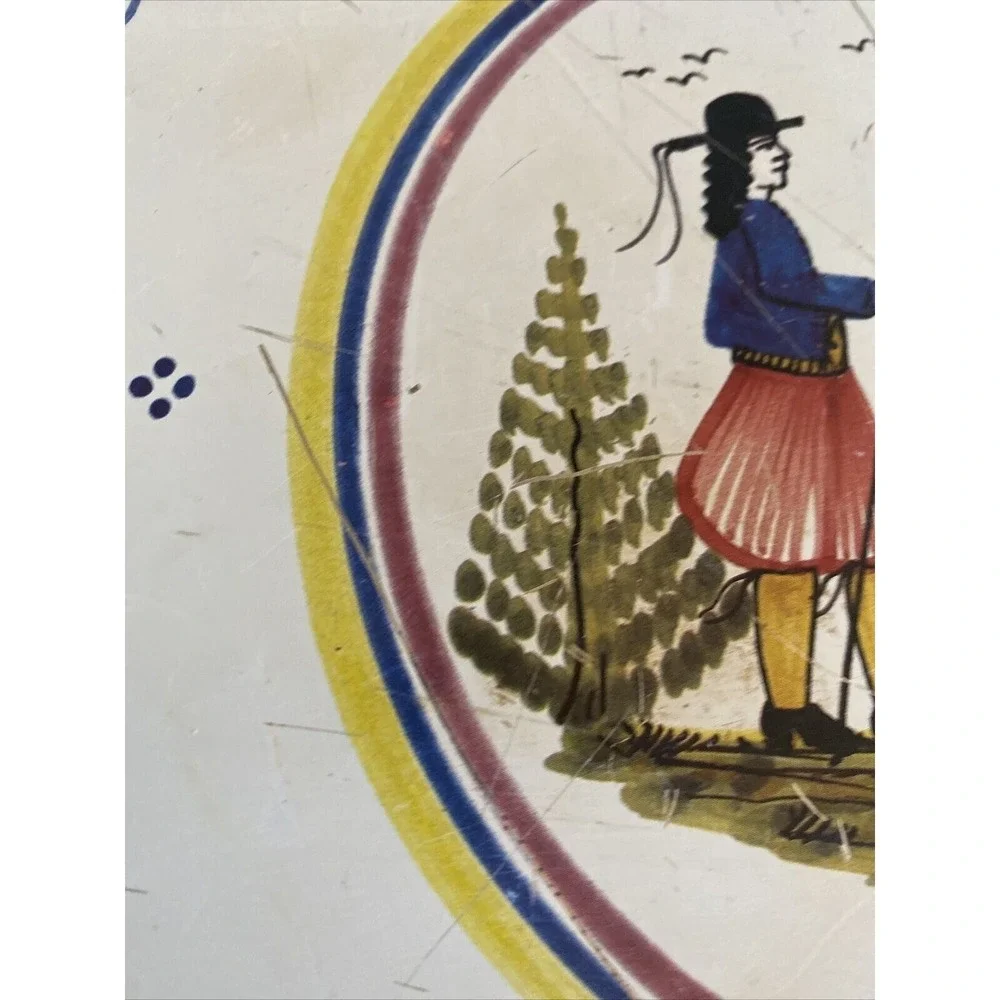 Vintage Enamel‎ Serving Tray Folk Art Scene Blue Floral Border